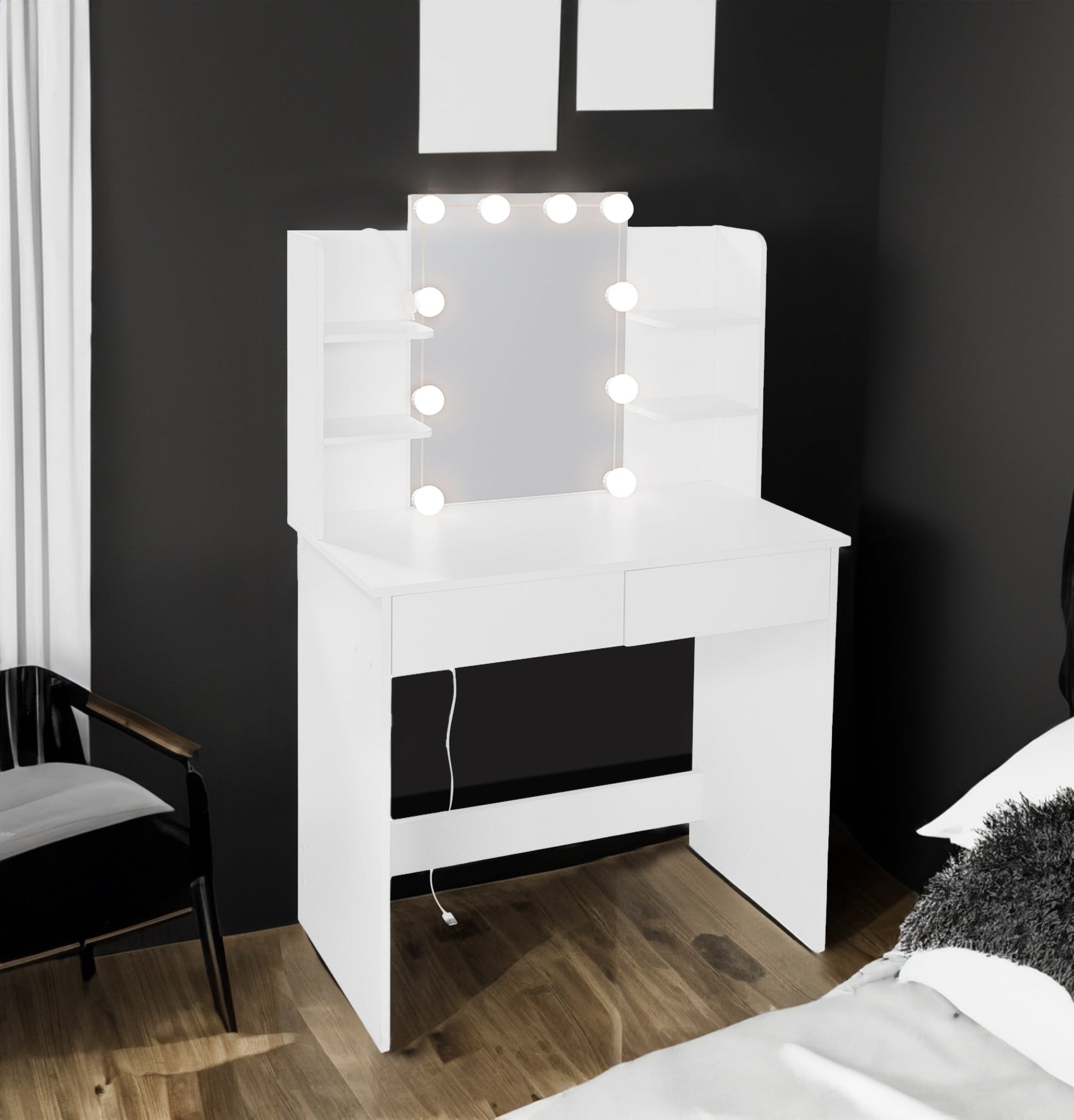 Makeup Vanity Desk With LED Lighted Mirror ,Dressing Table Set With 2 Large Drawers 10 LED Light ,White Color - Korvel