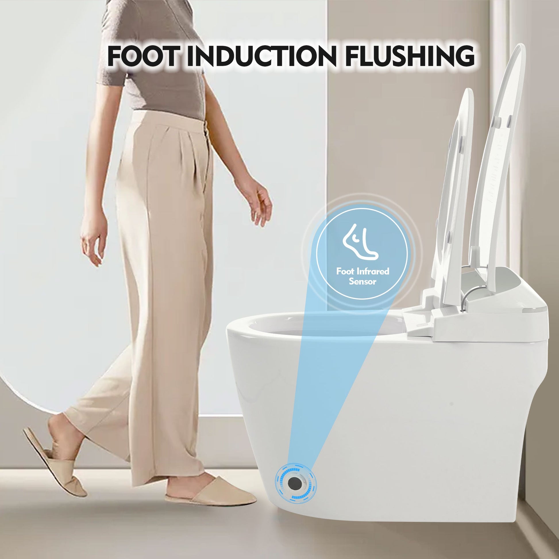 Heated seat intelligent toilet, integrated toilet, automatic flushing water tank toilet, with foot sensor flushing, white night - Korvel