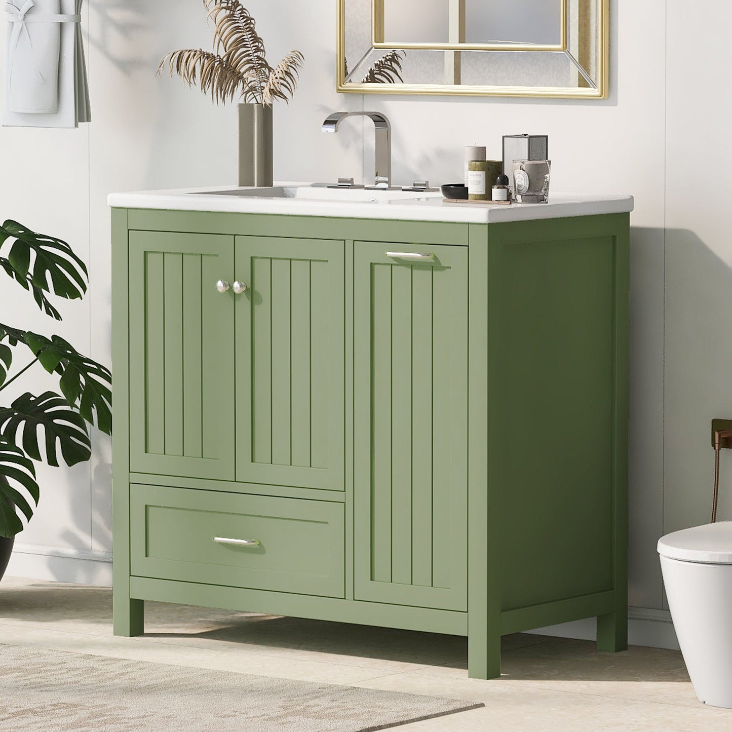 Meuble de salle de bain vert de 36" avec évier et rangement