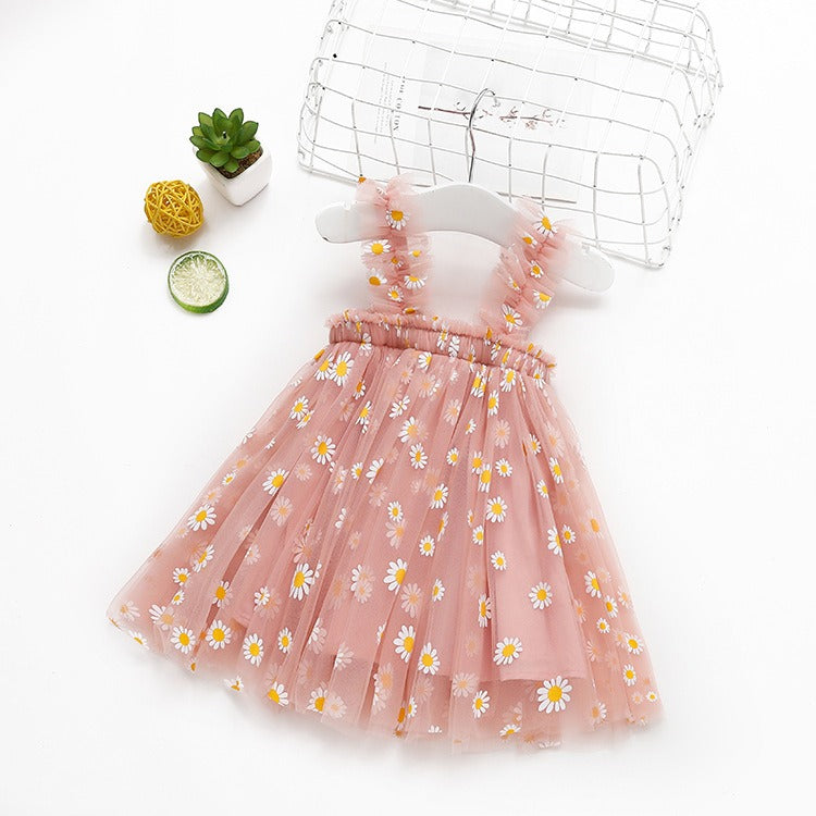 Robe à bretelles en mesh brodé pour filles