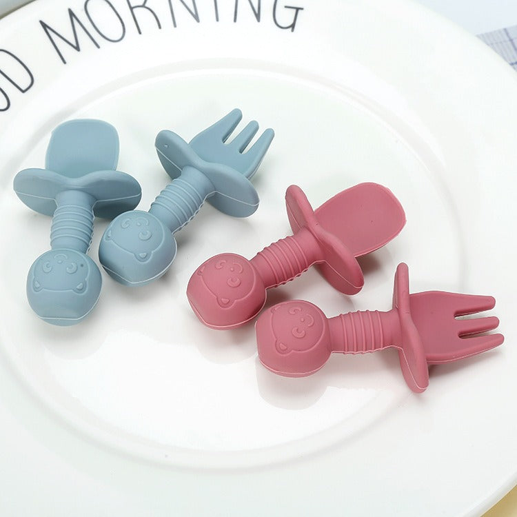 Licking Spoon for Baby Learning to Eat Training Spoon Short Handle Baby Supplementary Food Silicone Soft Spoon Fork Spoon Tableware 2-piece Set - Korvel