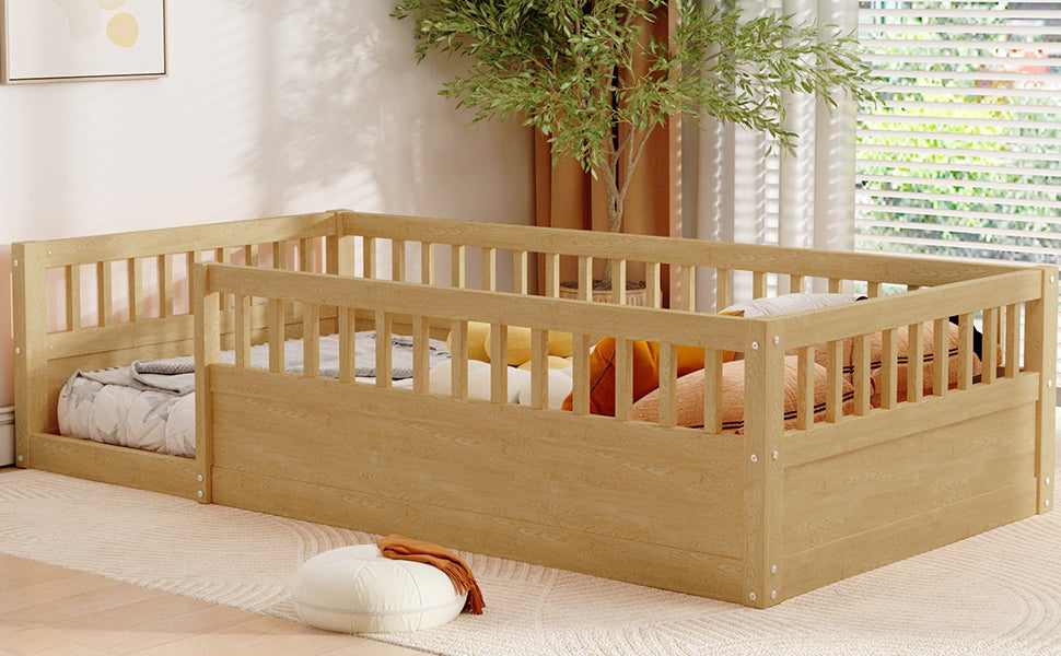 Twin Floor Bed Frame with Fence, Wood Kids Floor Beds Frame for Bedroom Playroom,Natural - Korvel