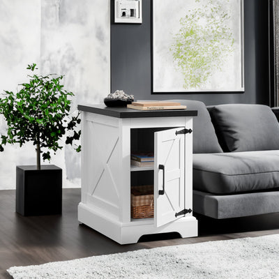 Farmhouse tea table bedside table rectangular farmhouse tea table with barn door and adjustable storage rack, white - Korvel