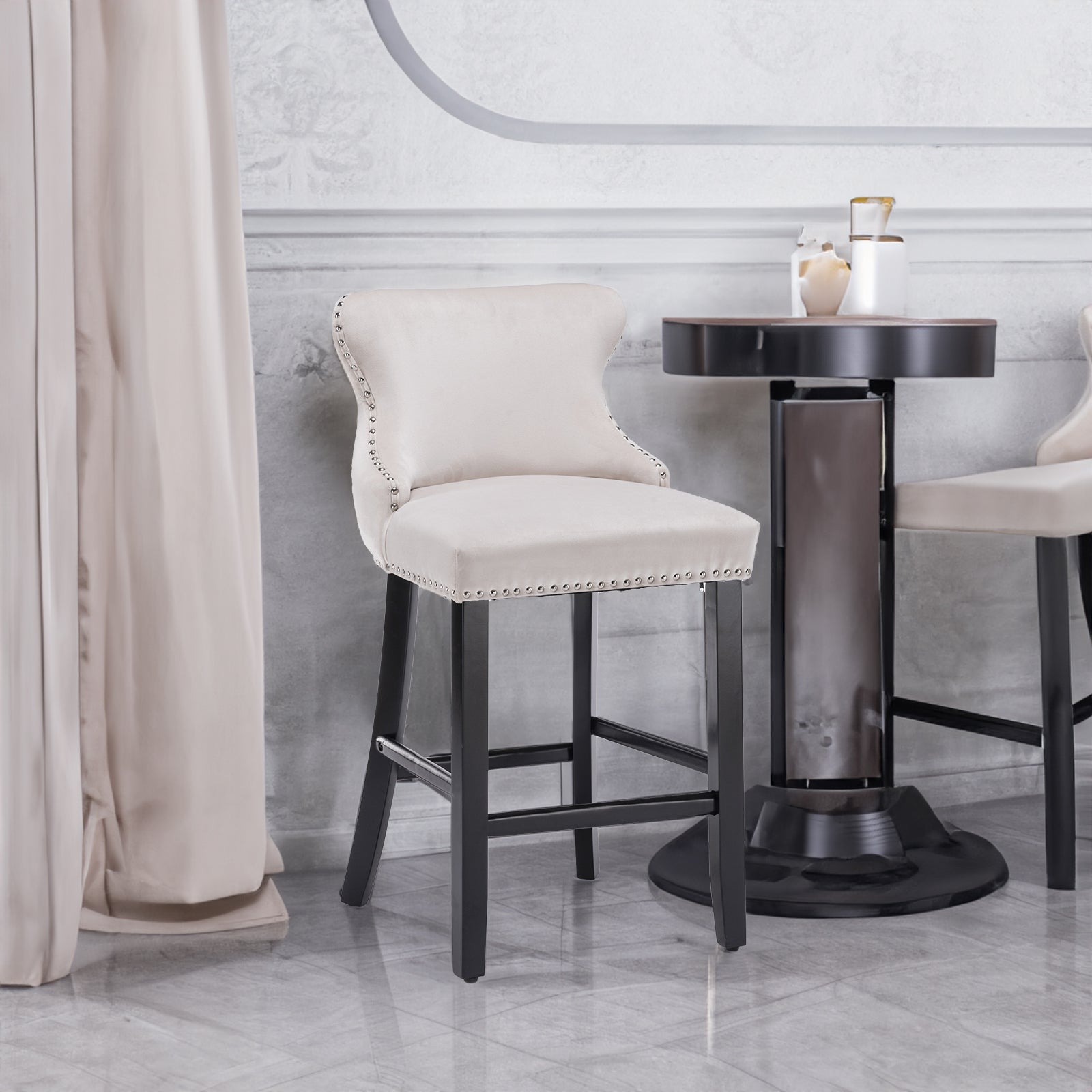 Velvet padded wing back bar stool with button tuft decoration and wooden leg chrome nail head decoration 2-piece set (beige) - Korvel