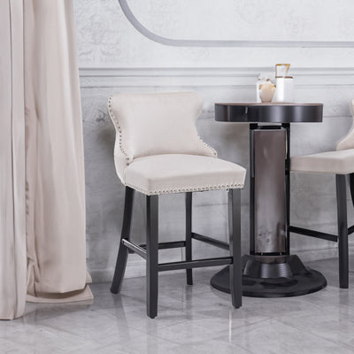 Velvet padded wing back bar stool with button tuft decoration and wooden leg chrome nail head decoration 2-piece set (beige) - Korvel