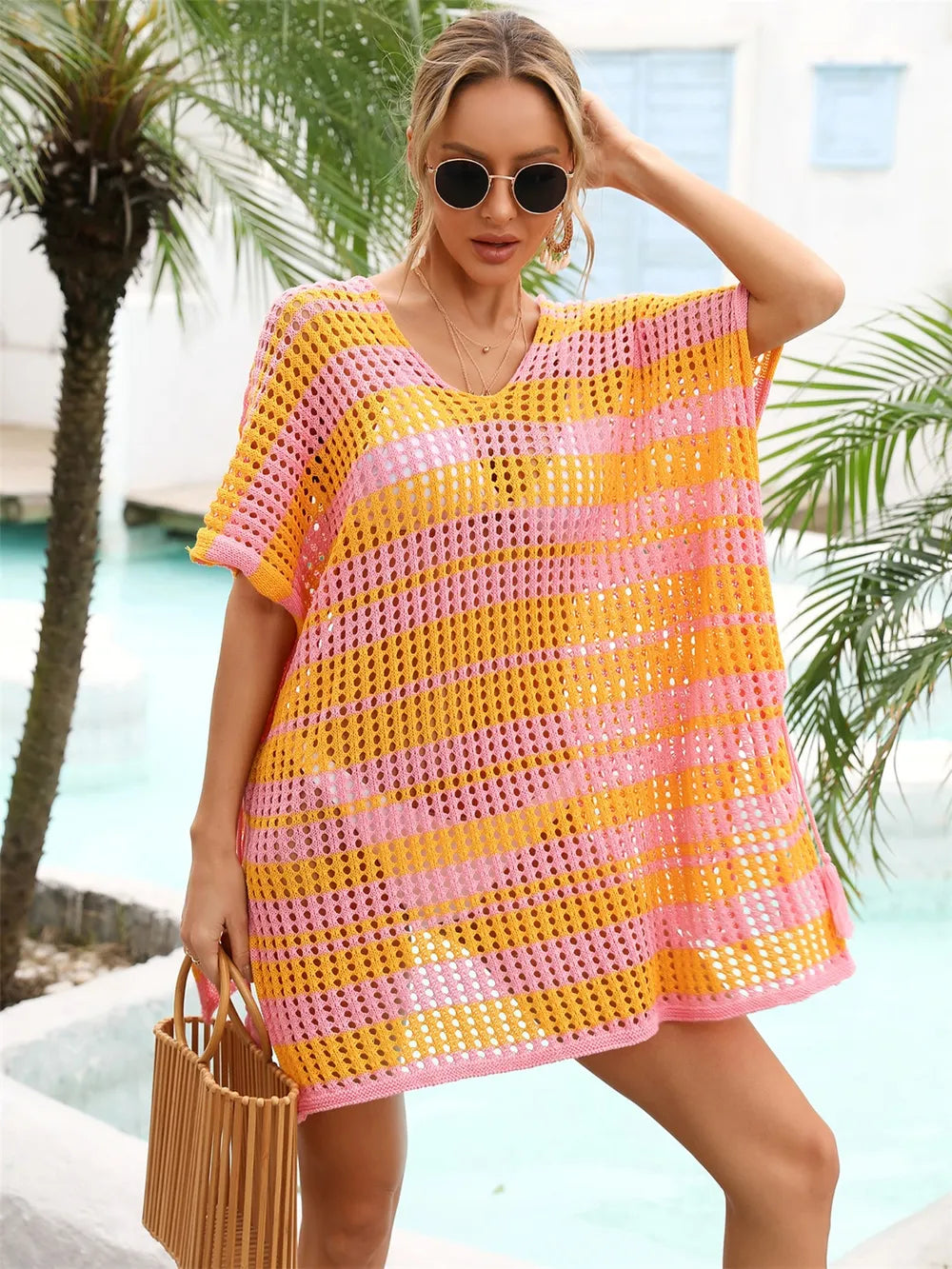 Tassel Openwork Striped V-Neck Cover Up - Korvel