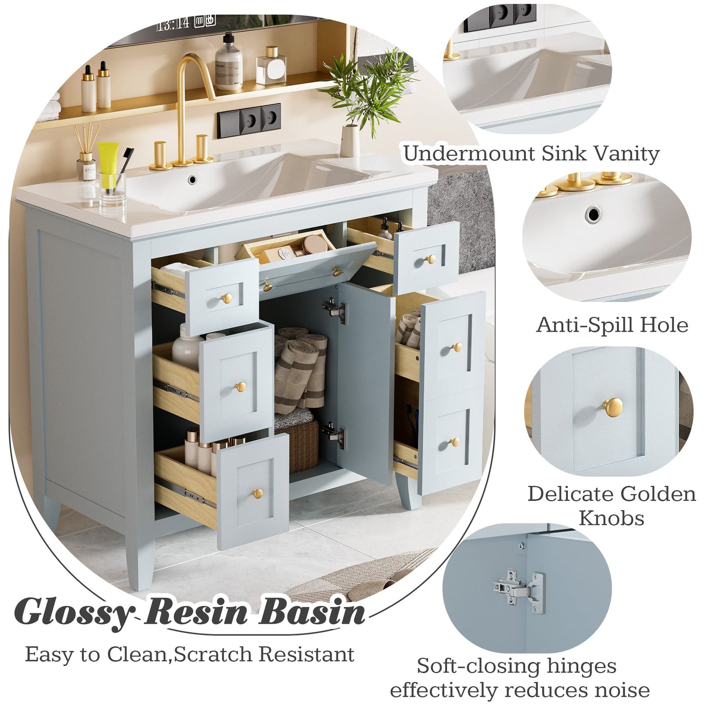 Meuble de salle de bain bleu clair de 36" avec évier en résine et rangement