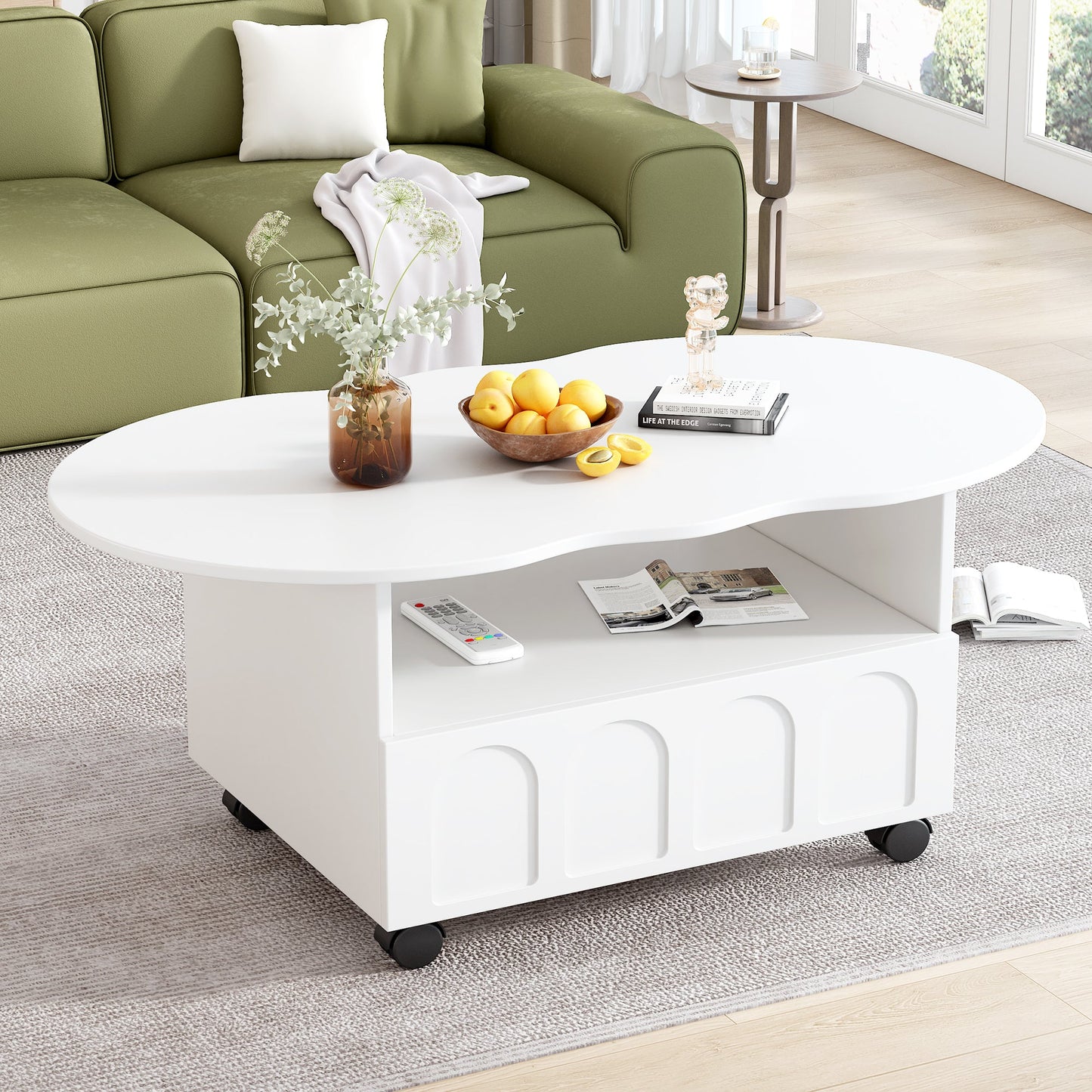 ON-TRANS flexible cream style coffee table with 2 brake wheels, drawers, large storage space, white, 39.37 '' x 23.6 '' - Korvel