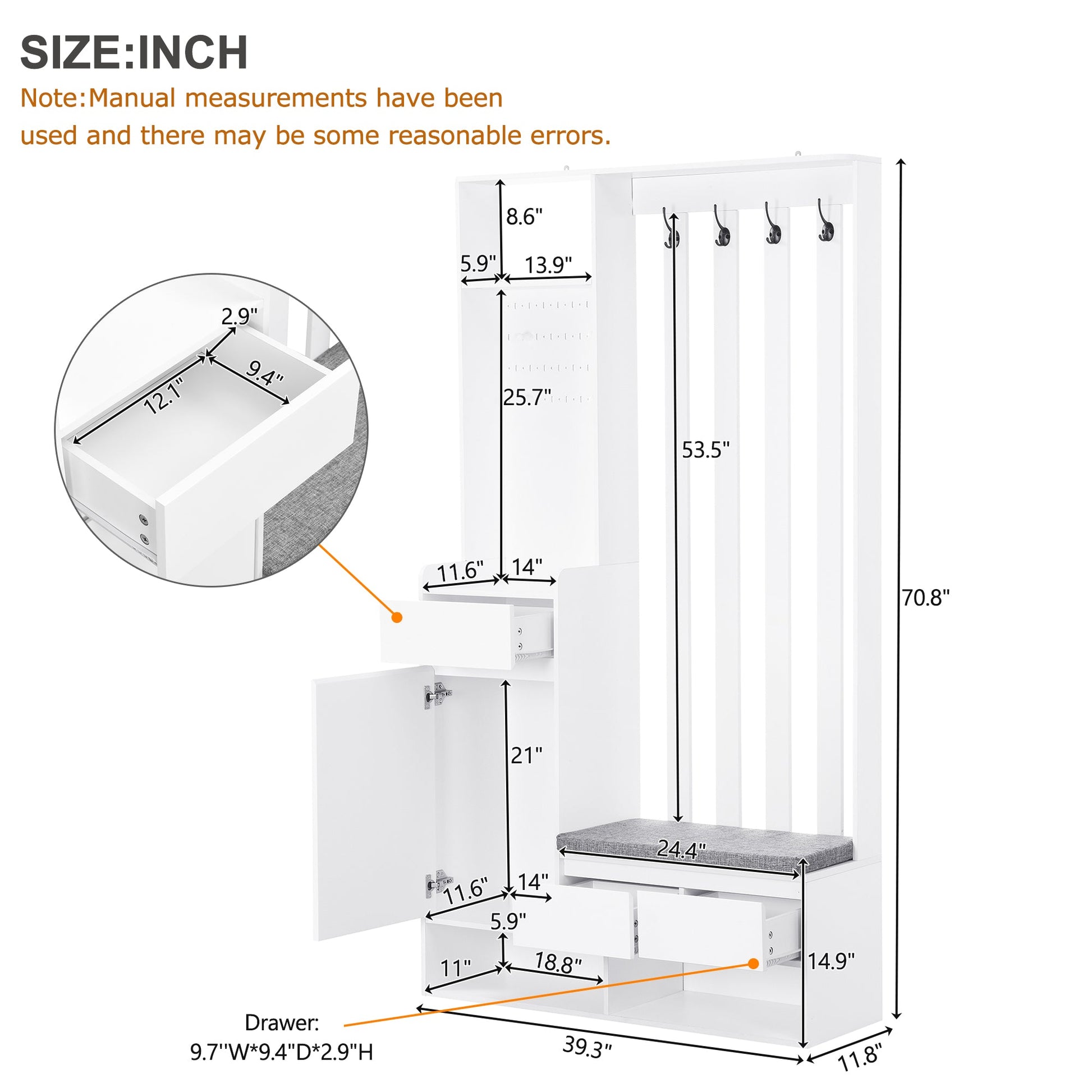 39.3'W70.8'H multifunctional corridor shoe cabinet with soft padded nail board and white clothes hanger with entrance hook - Korvel