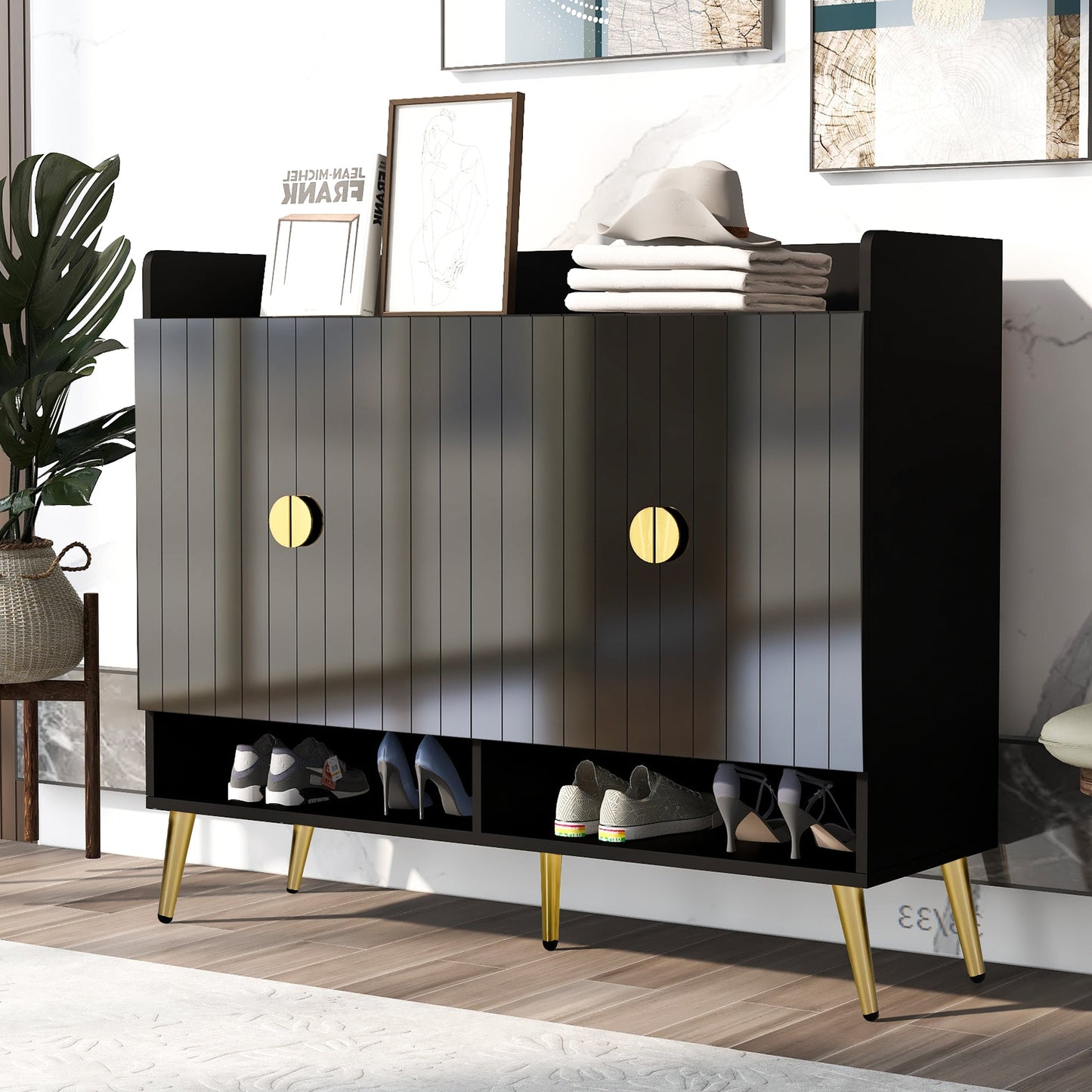 U-Can Modern Wooden Shoe Cabinet with Doors - 11-Tier Organizer