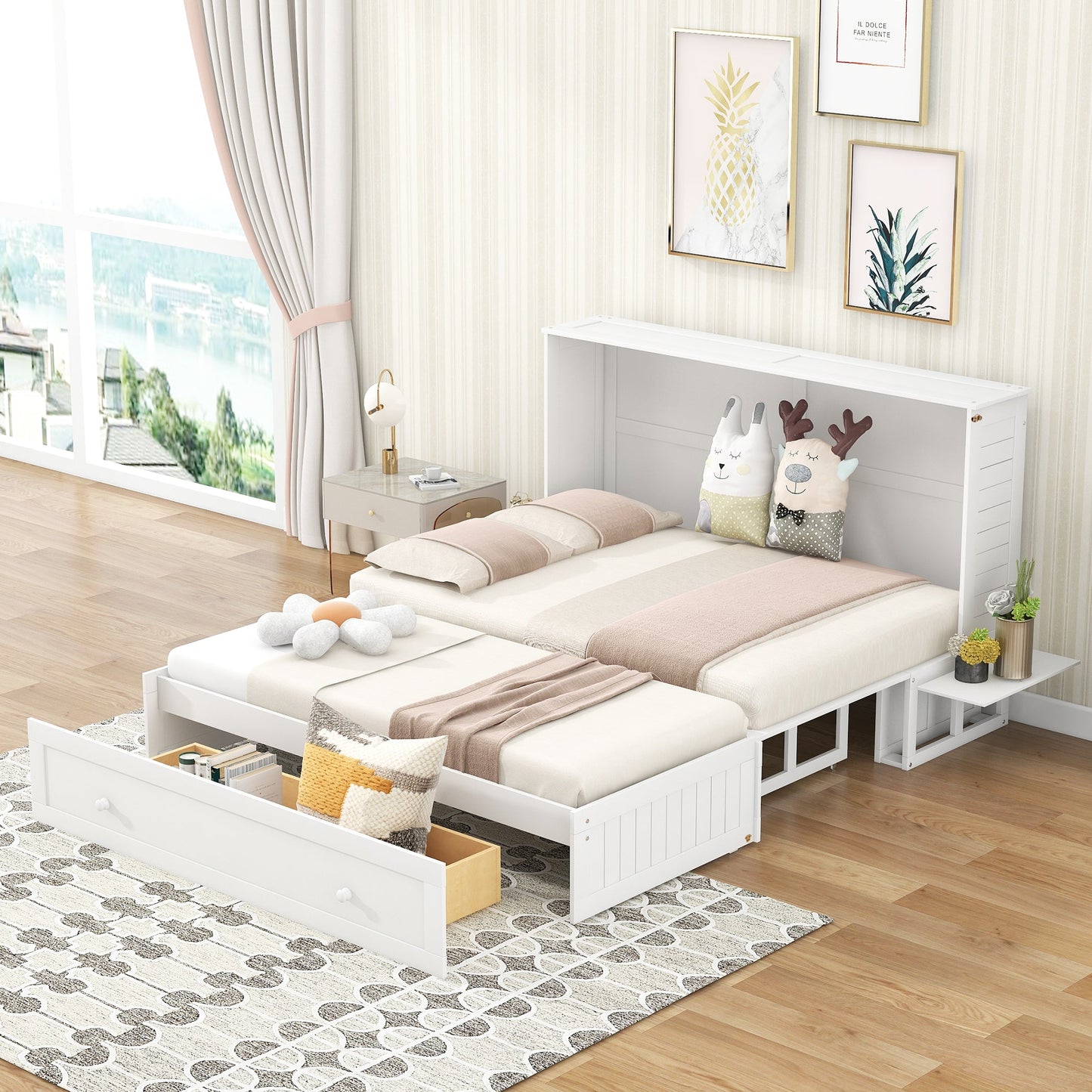 Queen Size Mobile Murphy Bed with Drawer and Little Shelves on Each Side White - Korvel