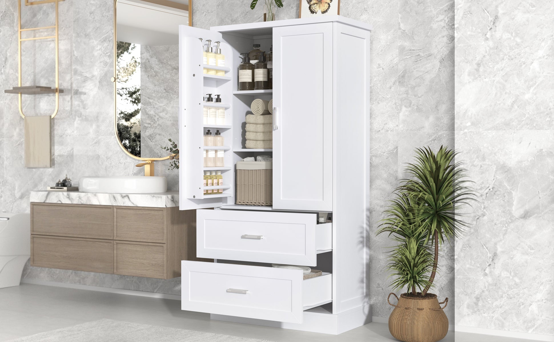 Tall Bathroom Storage Cabinet, Cabinet with Two Doors and Drawers, Adjustable Shelf, MDF Board, White - Korvel