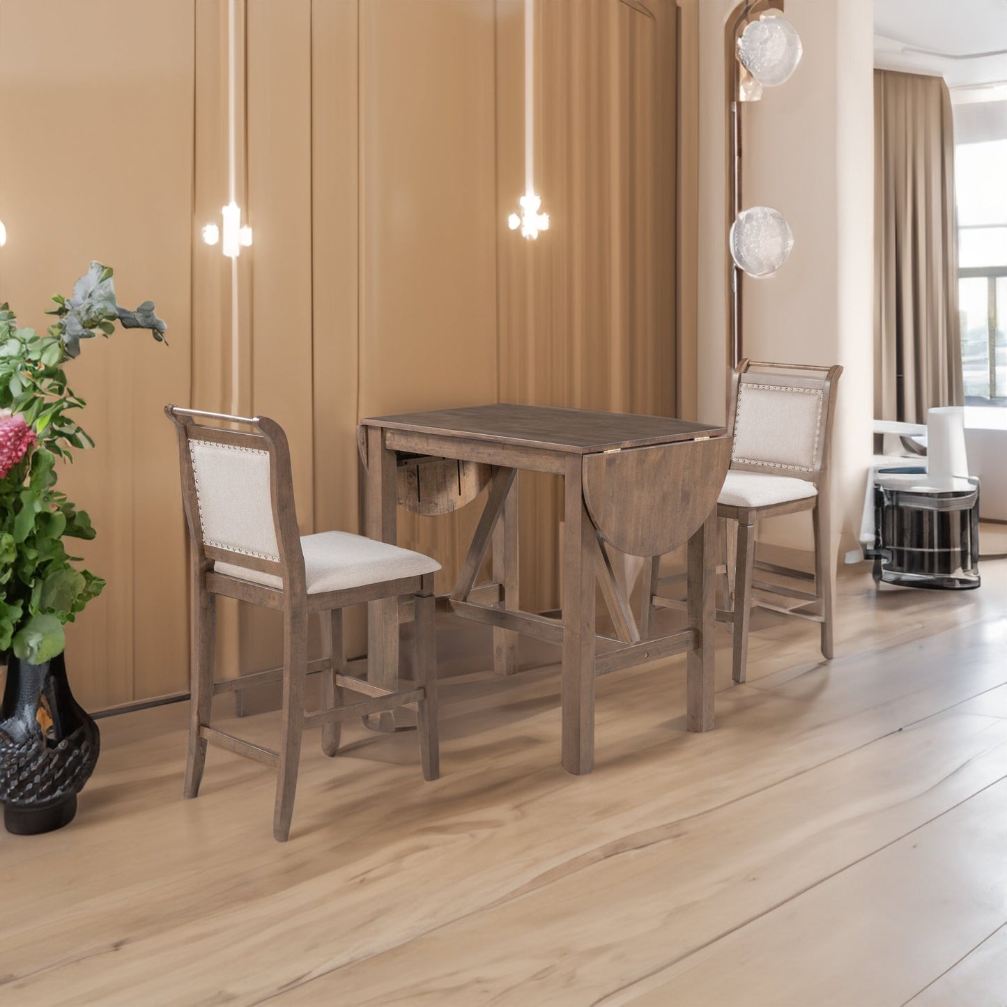 TOPMAX 3-Piece Wood Counter Height Drop Leaf Dining Table Set with 2 Upholstered Dining Chairs for Small Place, Brown - Korvel