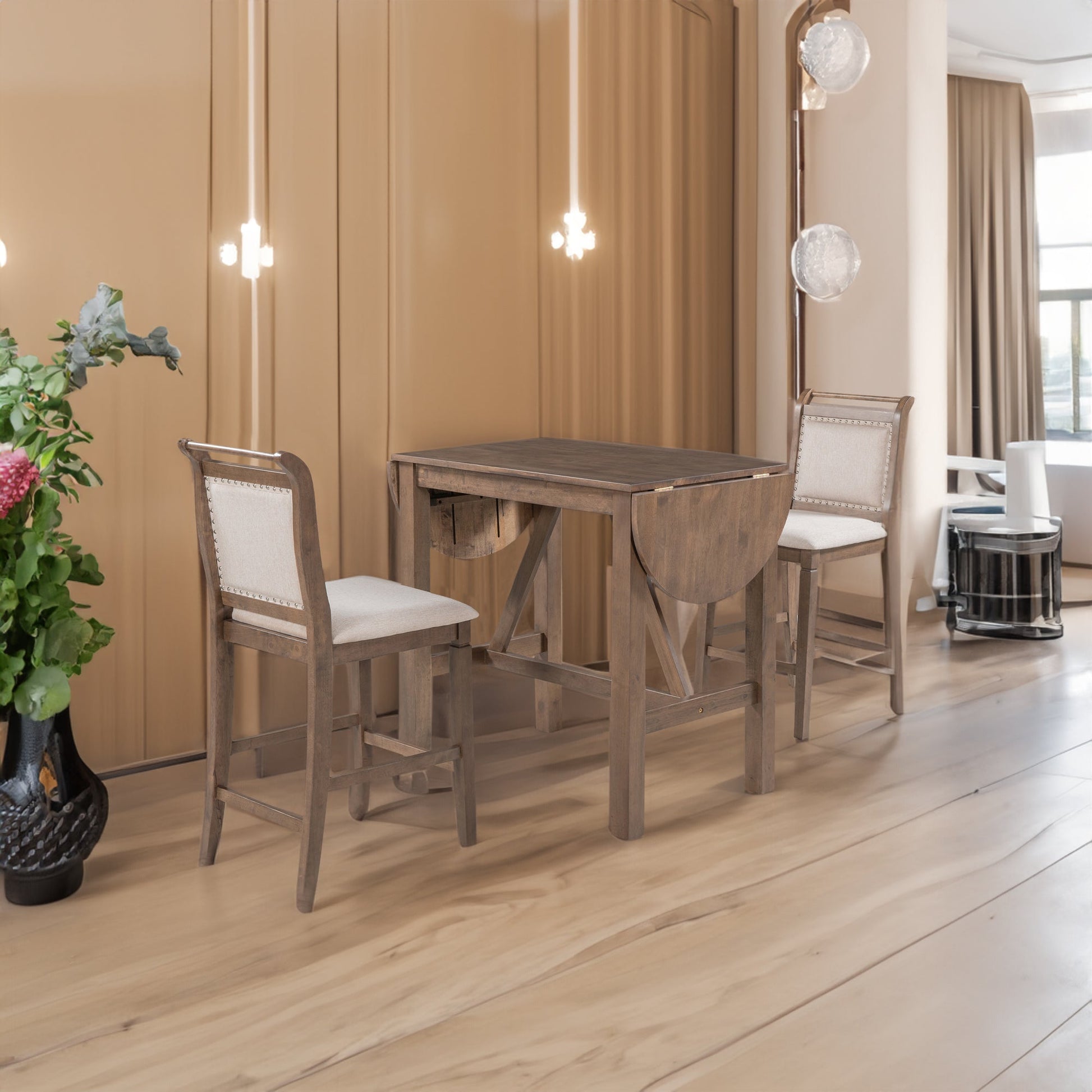 TOPMAX 3-Piece Wood Counter Height Drop Leaf Dining Table Set with 2 Upholstered Dining Chairs for Small Place, Brown - Korvel