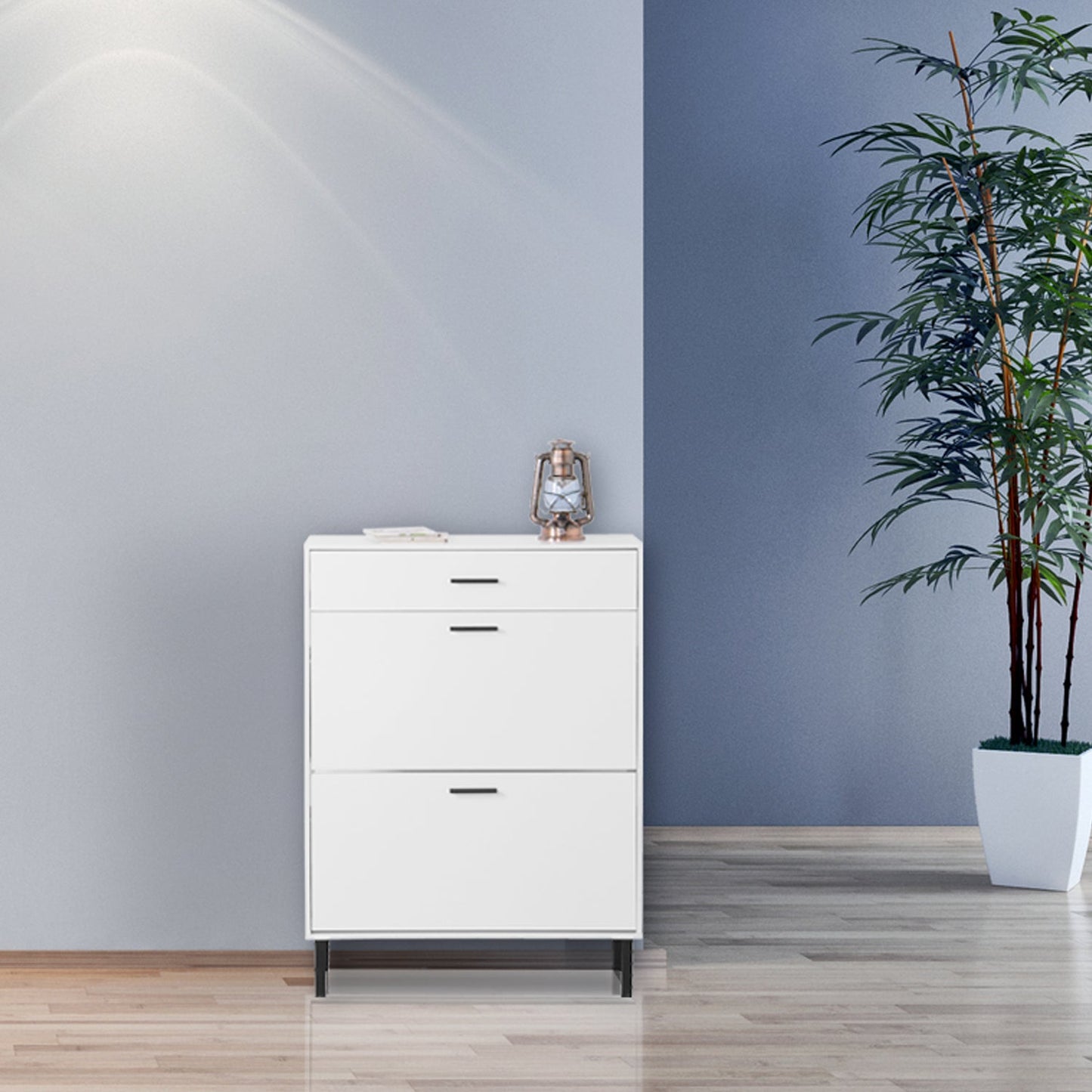 Independent shoe rack storage box with drawers and metal legs, modern shoe cabinet with 2 flippable drawers - Korvel
