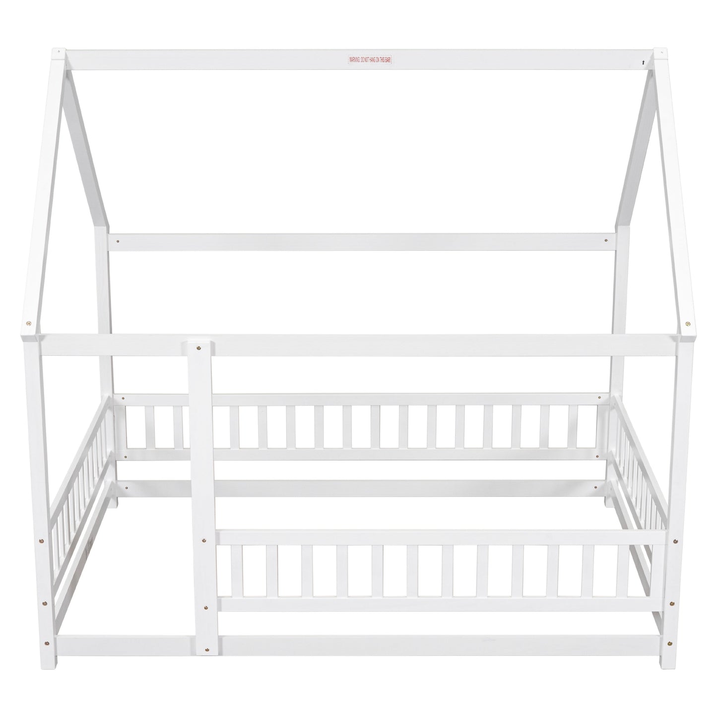 Full Size Floor Wooden Bed with House Roof Frame and Guardrails - White