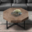 Mesa de café octagonal de madera marrón antigua con patas de metal