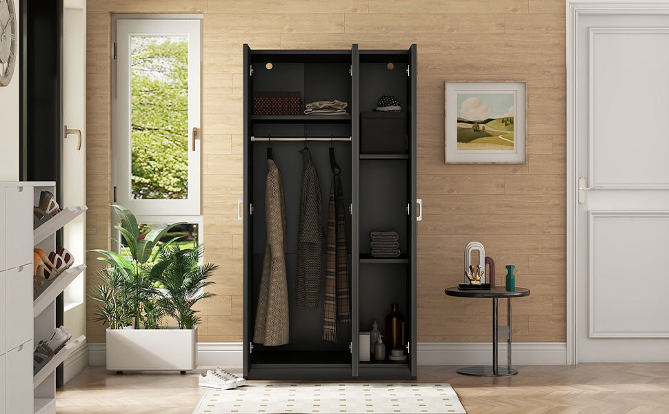 Elegant 3-Door Wardrobe with Mirror and Shelves in Black