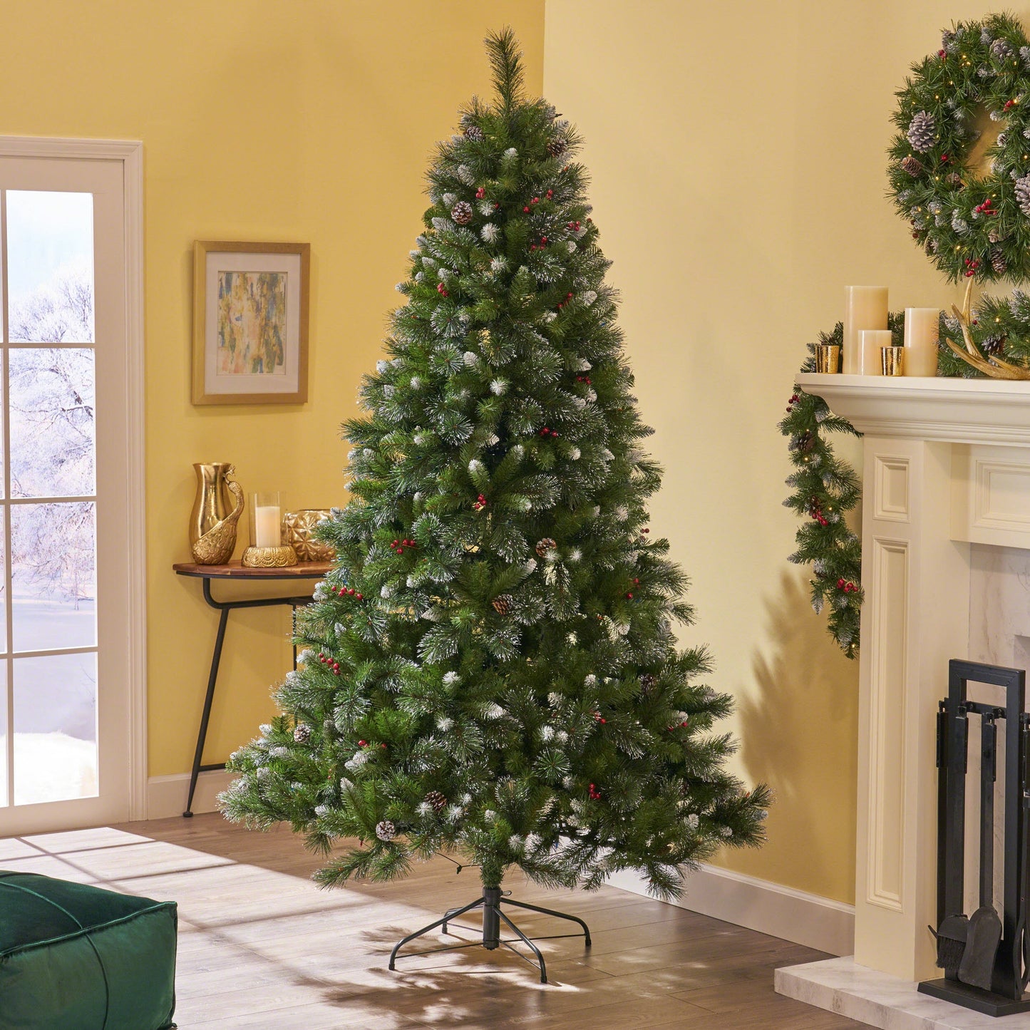 9' Glitter Bristle Mixed Hinged Tree with 72 Red Berry and 73 Pine Cones and 2099 tips,Dia:66 - Korvel