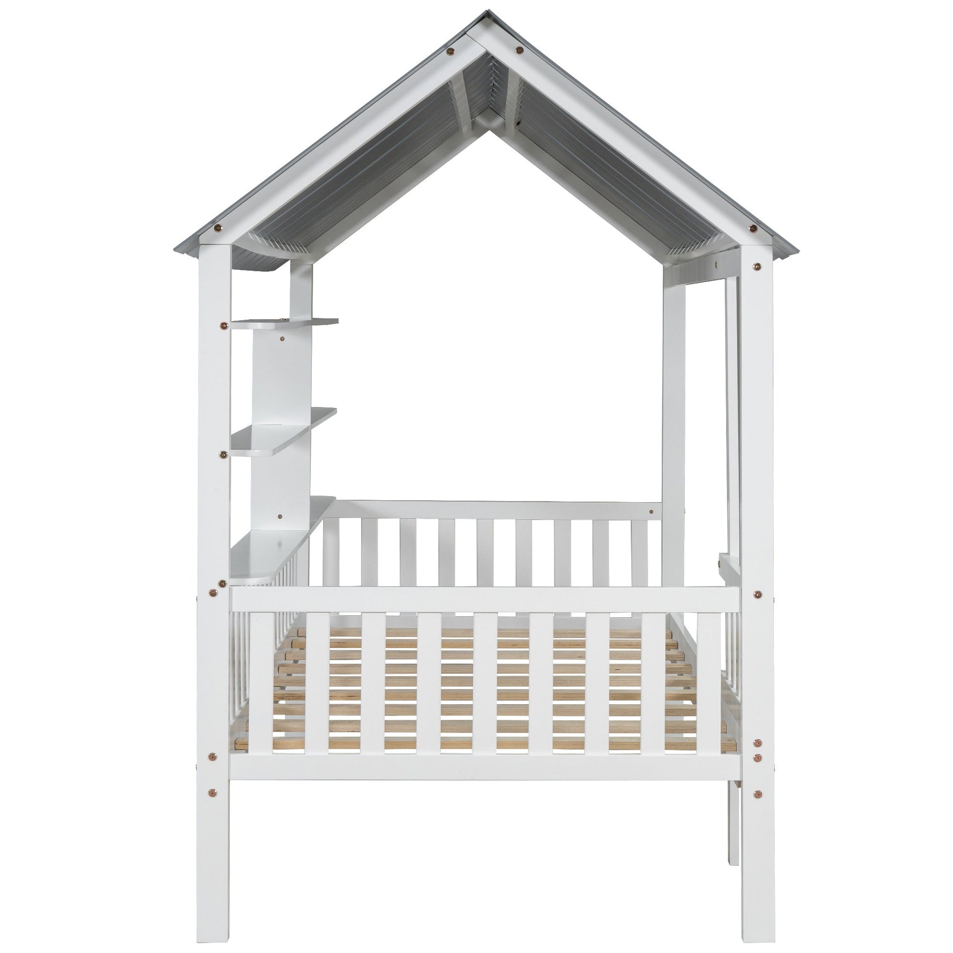 Wood Twin Size House Bed with Roof, Guardrail and Shelves, White - Korvel