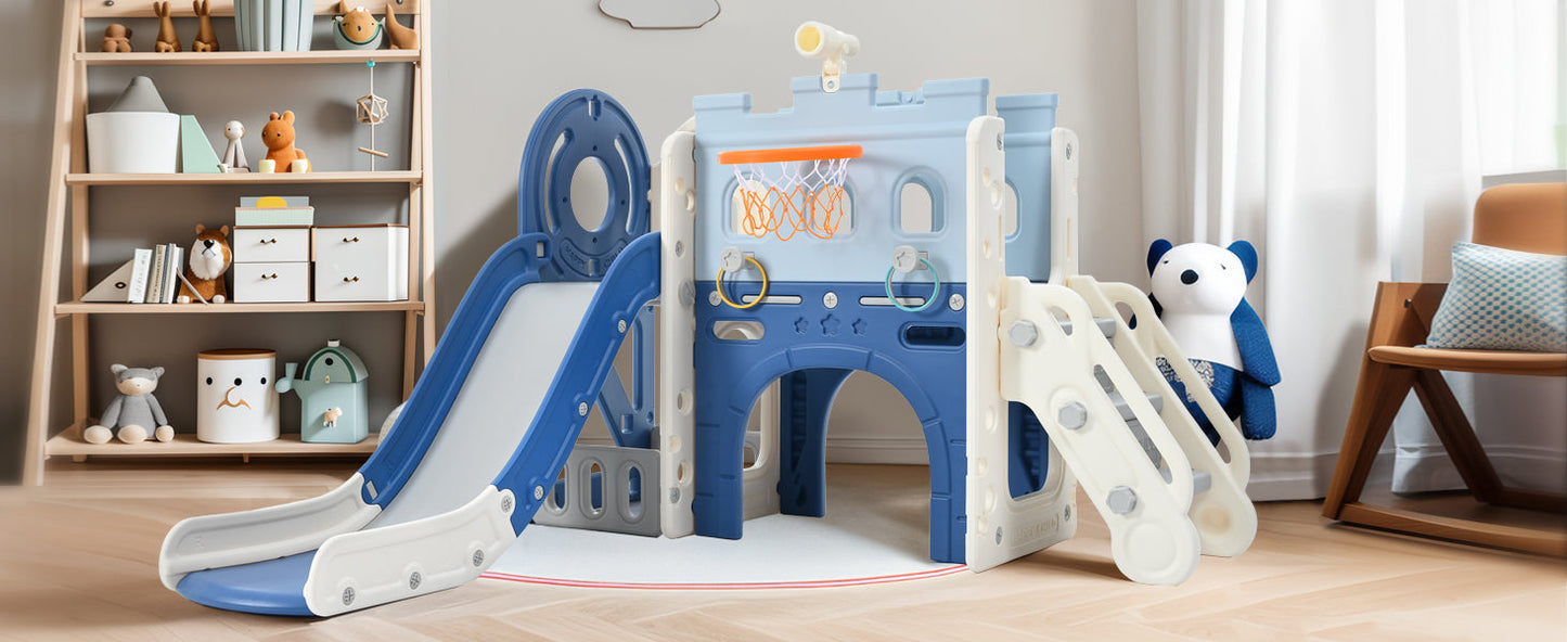 9-1 Toddler Slide Set,Kids Slide for Toddlers Ages 1+, Basketball Hoop, Tunnel and Storage Space, Pirate Ship Themed Slide - Korvel