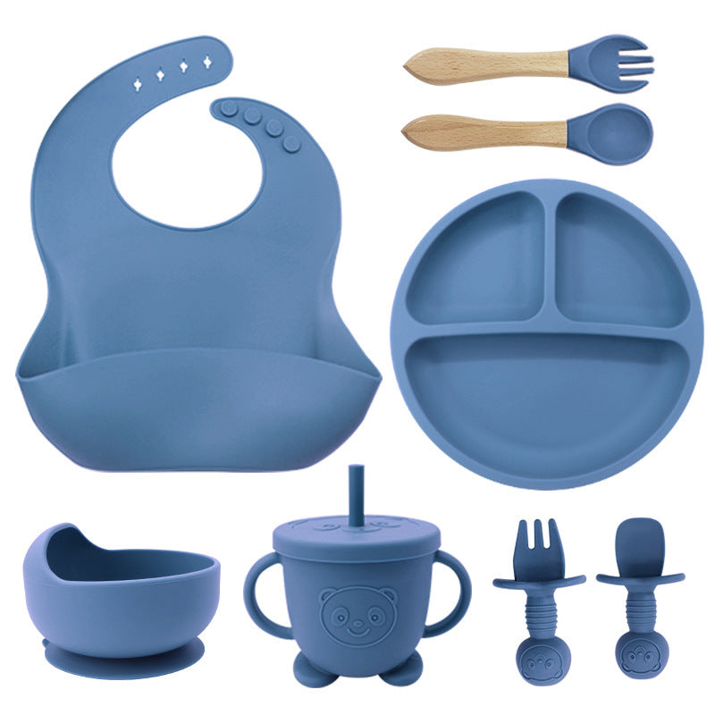 8PCS Mother and baby silicone bibs, silicone dinner plates, eight-piece set, baby food training suction cup bowl, baby divided tableware set - Korvel
