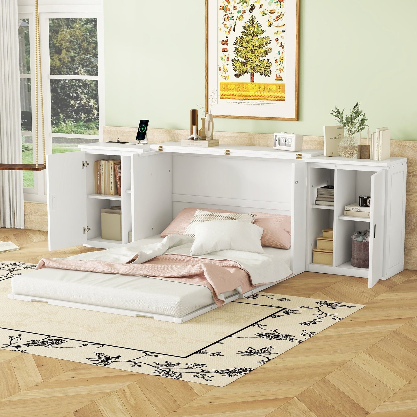 Full Size Murphy Bed with Shelves and USB Ports - White