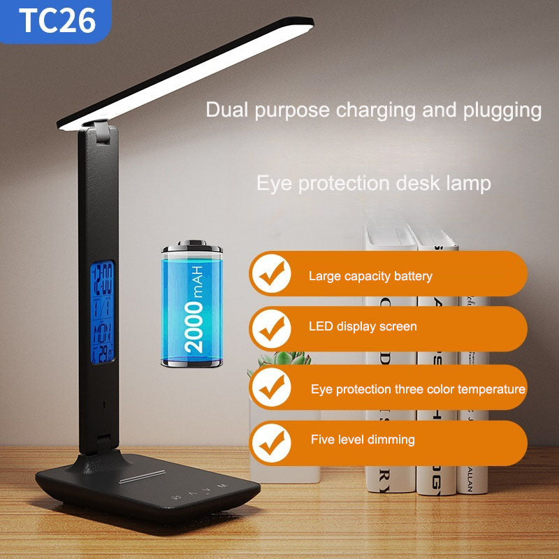 Folding alarm clock, time display, learning, reading, business, office, adjustable light, eye protection desk lamp - Korvel