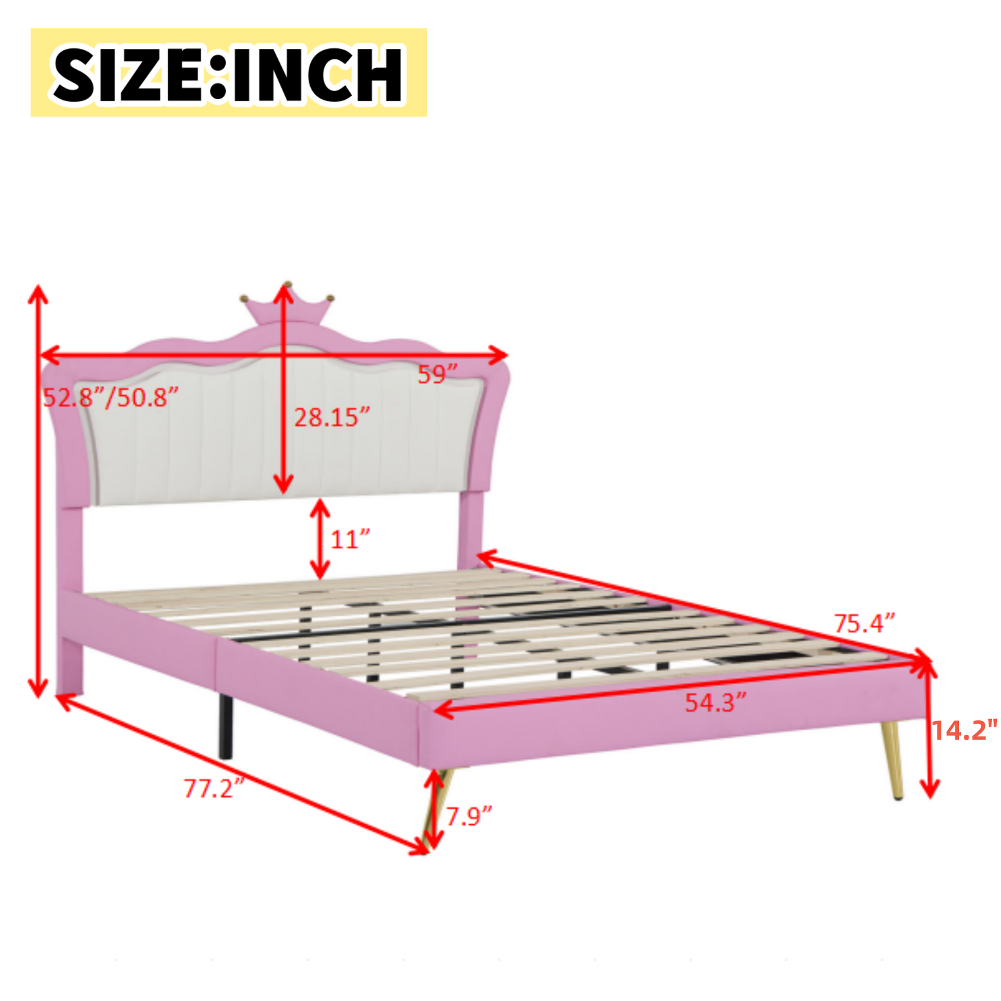 Full Size Upholstered Bed Frame with LED Lights, Modern Upholstered Princess Bed with Crown Headboard, Pink+White - Korvel