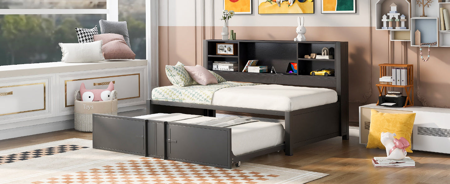 Metal Twin Size Daybed with Trundle, Storage & USB Ports - Black