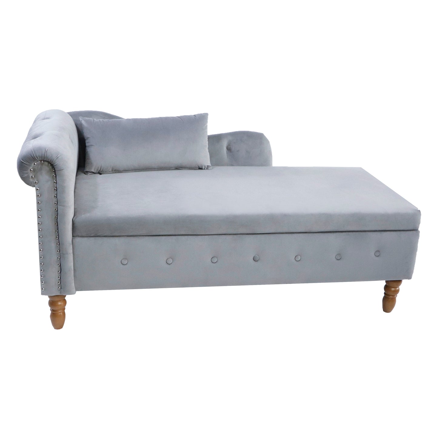 Chaise longue en velours gris avec rangement et coussin