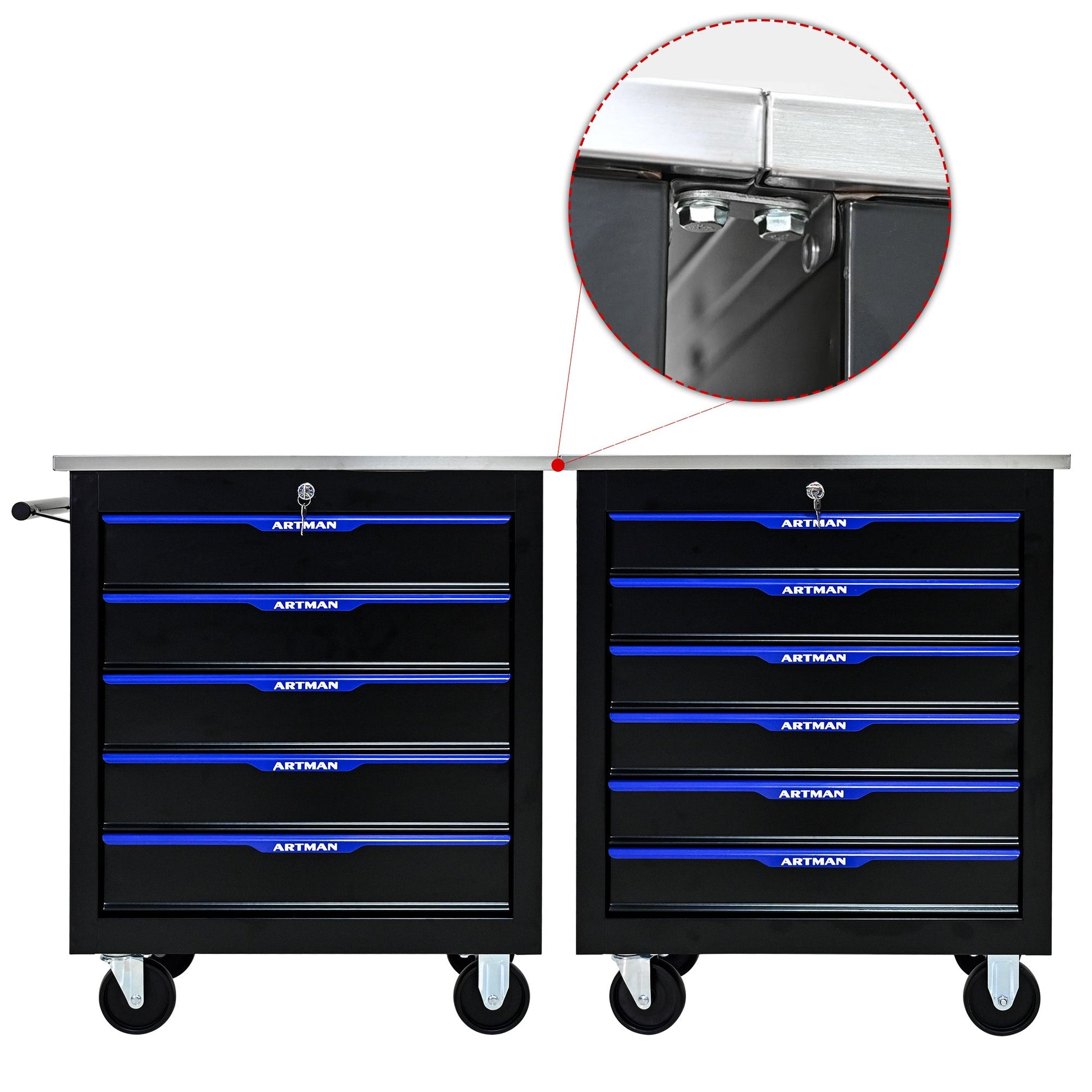 5 DRAWERS MULTIFUNCTIONAL TOOL CART WITH WHEELS-BLACK+BLUE - Korvel