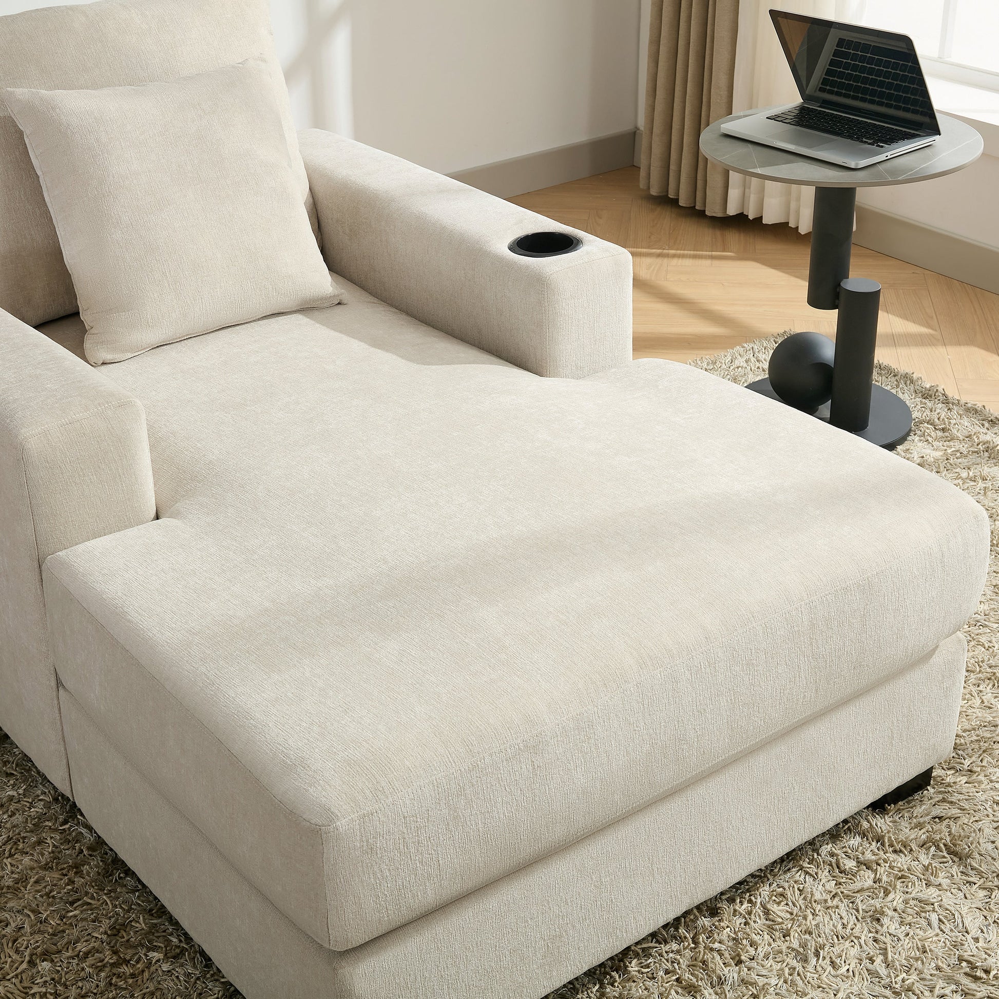 39.7" Oversized Chaise Lounger Modern Style Sofa Couch ,with Pillows, Charge Station & Cup Holders, Chenille Fabric, Cream - Korvel