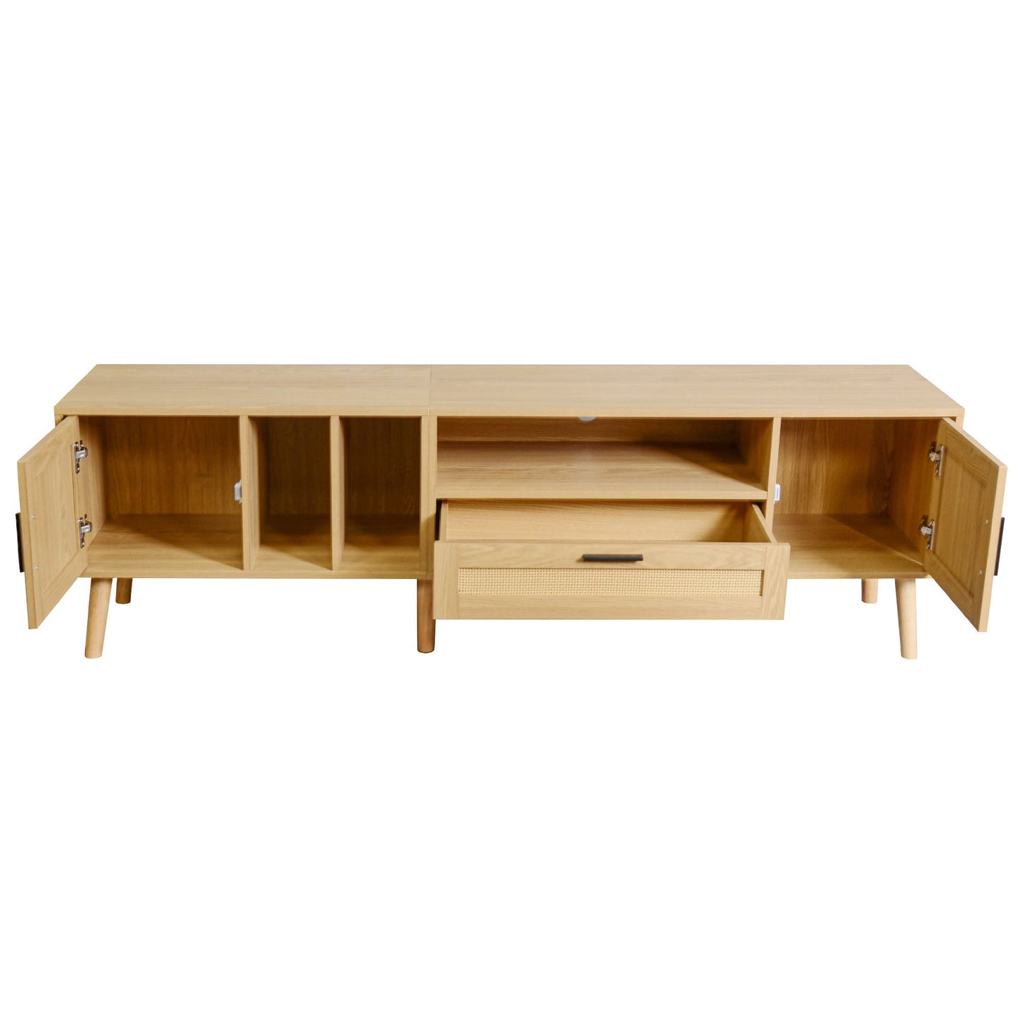 Vine TV stand with 2 cabinets and 2 open shelves, suitable for TVs under 80 inches, with solid wood legs for TV cabinets - Korvel