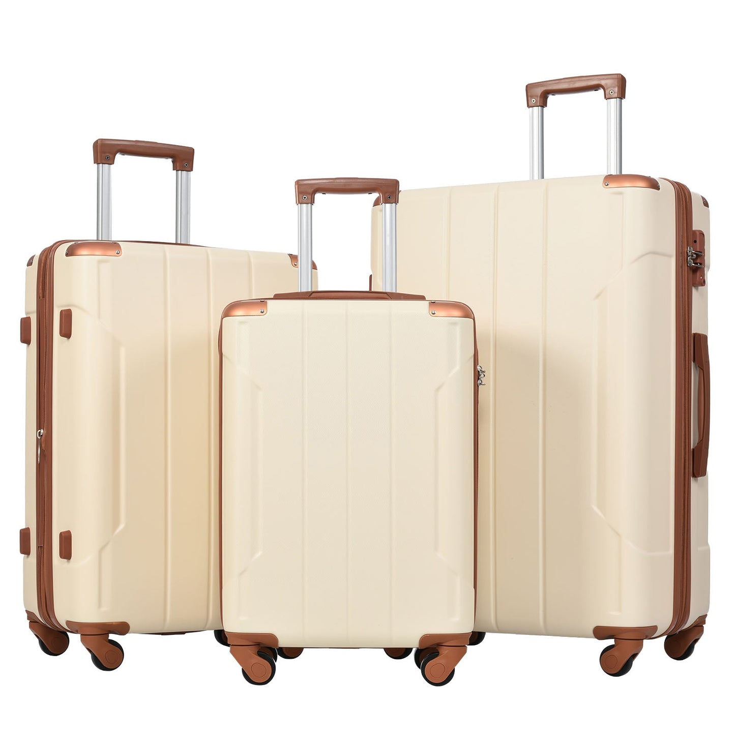 Hardshell Luggage Sets 3 Pcs Spinner Suitcase with TSA Lock Lightweight 20''24''28'' Brown white + ABS - Korvel