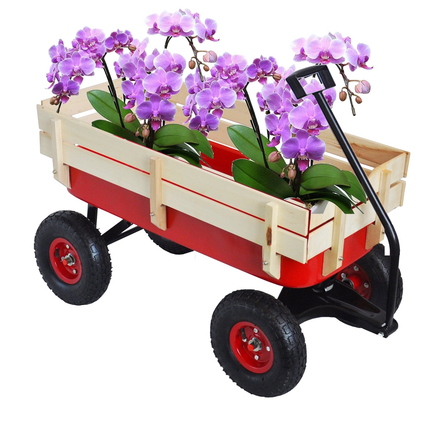 Outdoor Wagon All Terrain Pulling w/Wood Railing Air Tires Children Kid Garden（Red） - Korvel