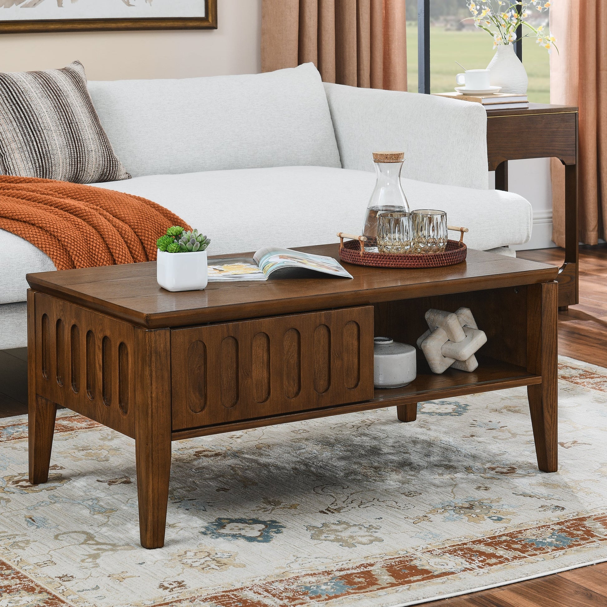 Medieval modern flute coffee table with storage sliding door and solid wood legs, vintage farmhouse wood central table - Korvel