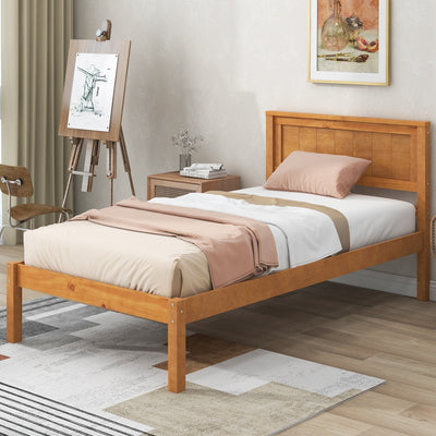 Elegant Twin Platform Bed Frame with Headboard - Oak Finish