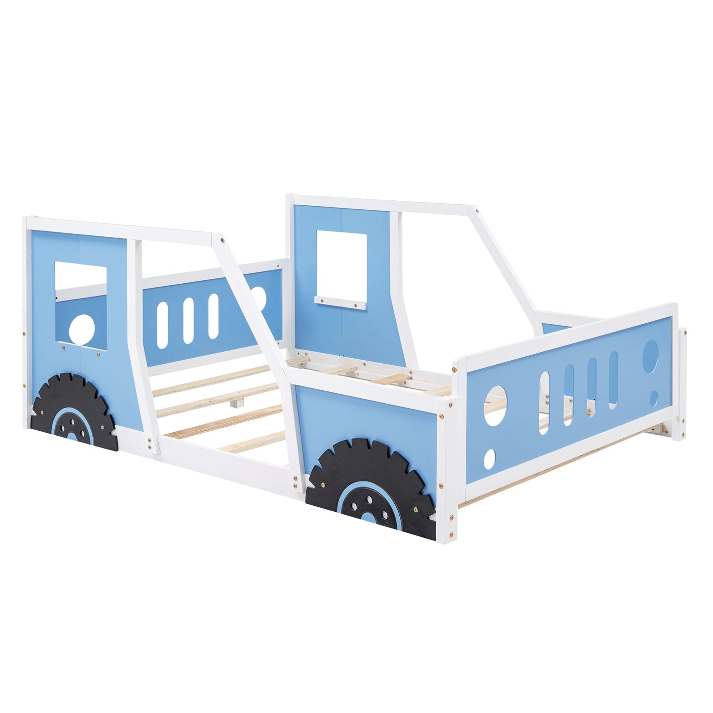 Full Size Classic Car-Shaped Platform Bed with Wheels,Blue - Korvel
