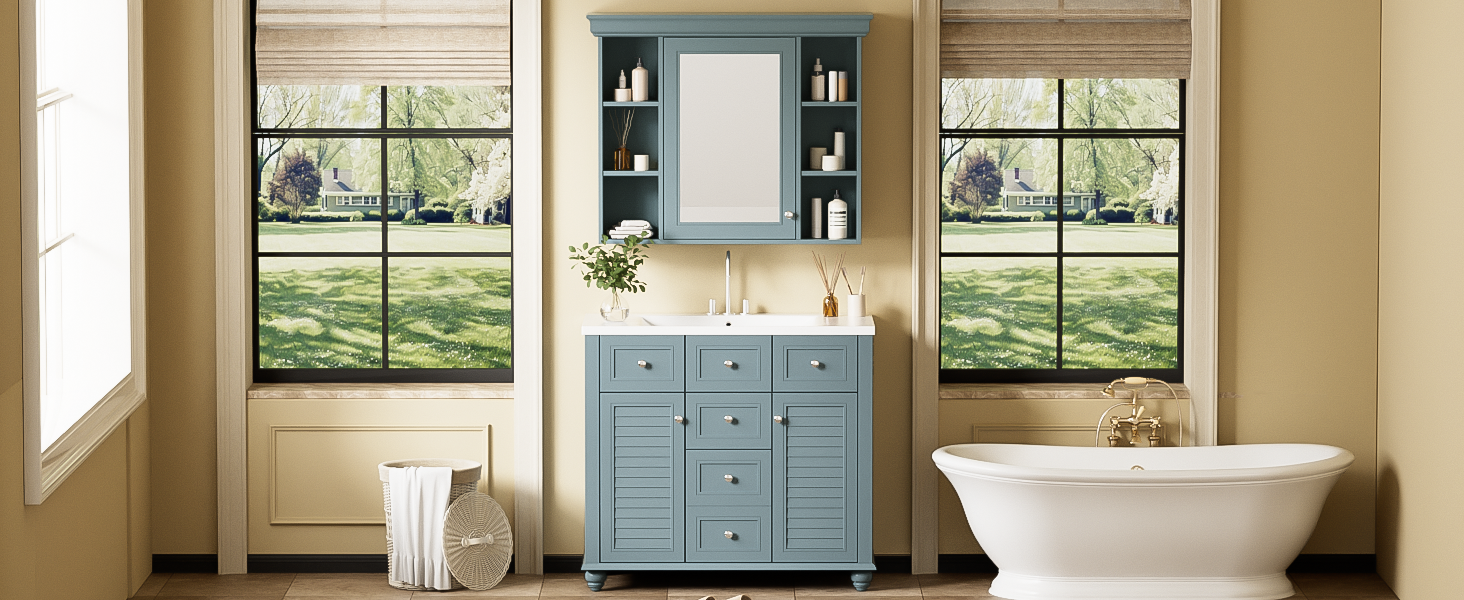 36 inch modern mirror cabinet with adjustable shelves, 2 soft closing doors, and 6 drawer storage cabinet door organizers - Korvel