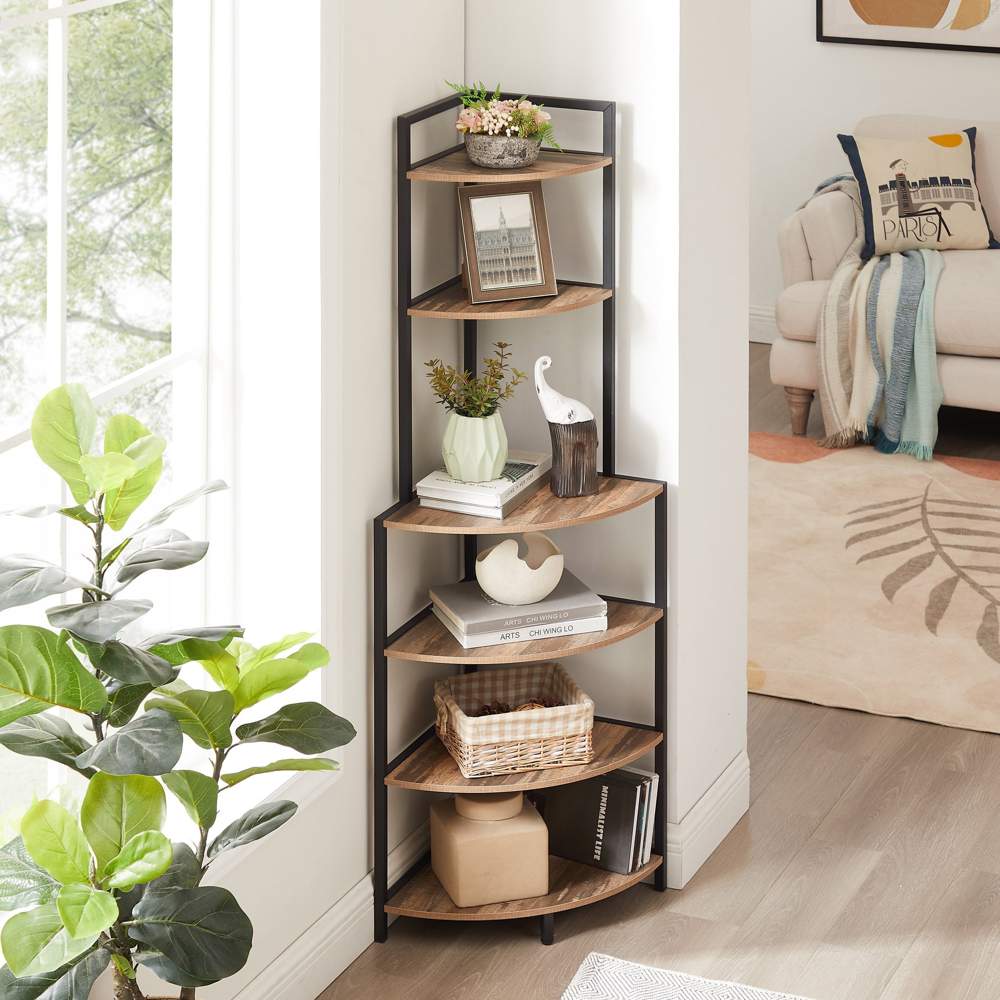 6-story corner open bookshelf modern bookshelf wooden frame independent bookshelf unit, country brown - Korvel