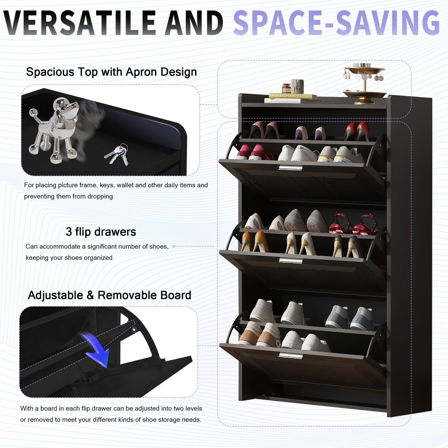 U-Can Shoe Storage Cabinet for Entryway with 3 Flip Drawers, Modern Shoe Organizer Cabinet, Free Standing Shoe Rack Black - Korvel