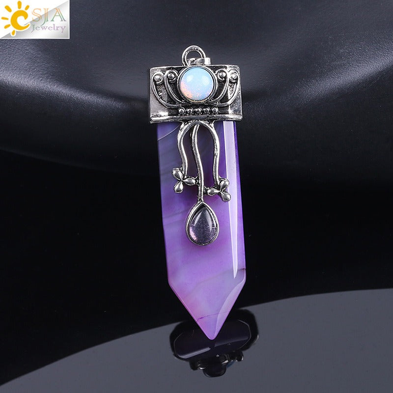 CSJA Vintage Large Natural Stone Sword-Shaped Pendant Jewelry Striped Crystal Agate Tiger Eye Jewelry Pendant Without Chain - Korvel