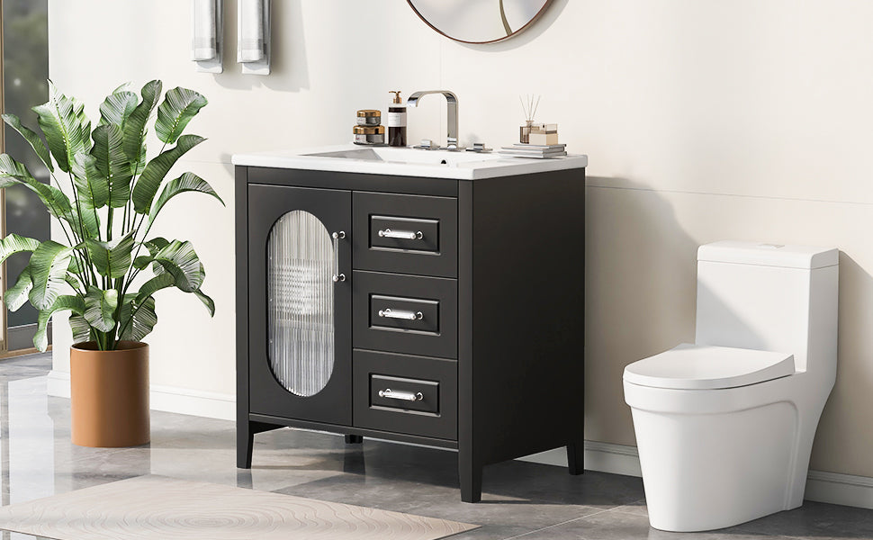 30" Bathroom Vanity with Sink, Bathroom Vanity Cabinet with Two Drawers and Door, Adjustable Shelf, Solid Wood and MDF, Black - Korvel