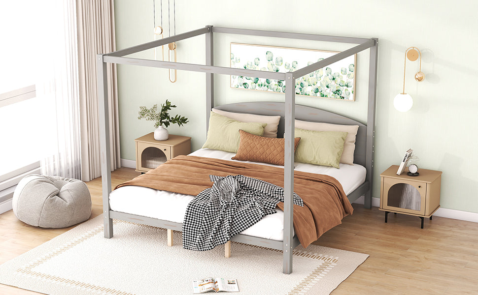 King Size Canopy Platform Bed with Headboard and Support Legs, Grey Wash - Korvel