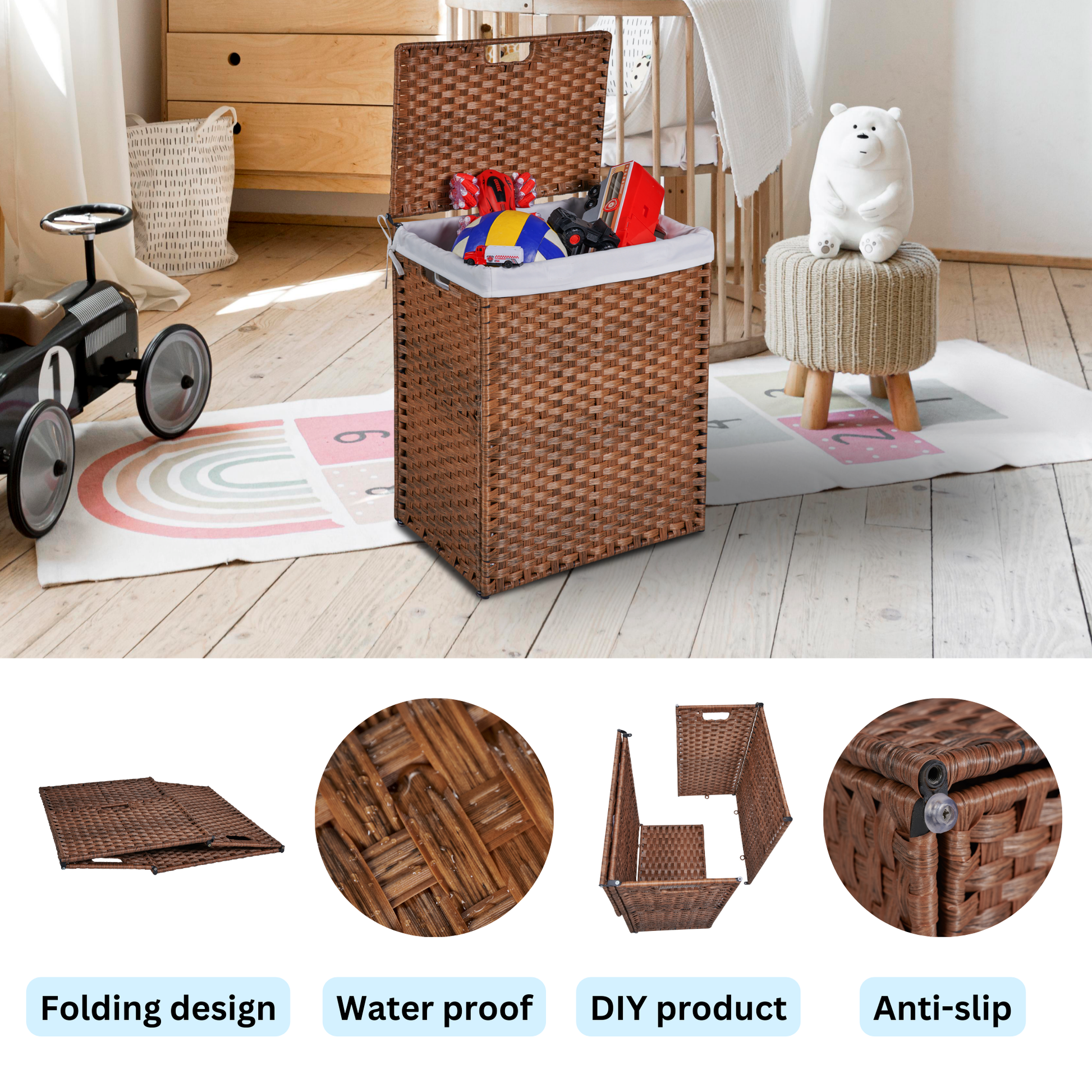 Laundry Hamper With Lid PE Rattan Powder Coating Frame Clothes Hampers with 02 Removable Bags, 100L, Brown Color - Korvel