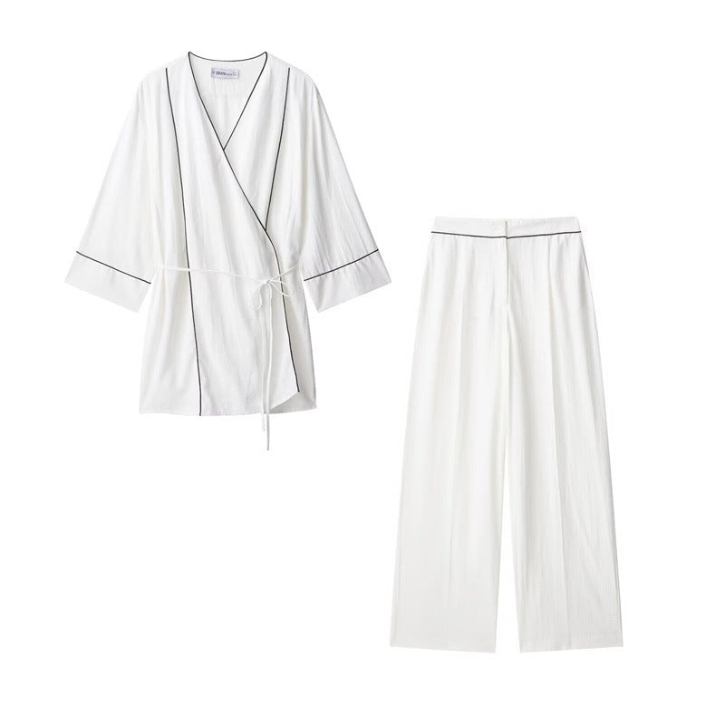 Style Women's Fashion Casual Rolled Edge Double-Breasted Jacket Wide Leg Pants - Korvel