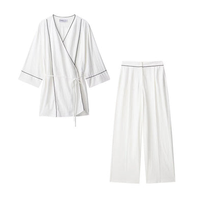 Style Women's Fashion Casual Rolled Edge Double-Breasted Jacket Wide Leg Pants - Korvel