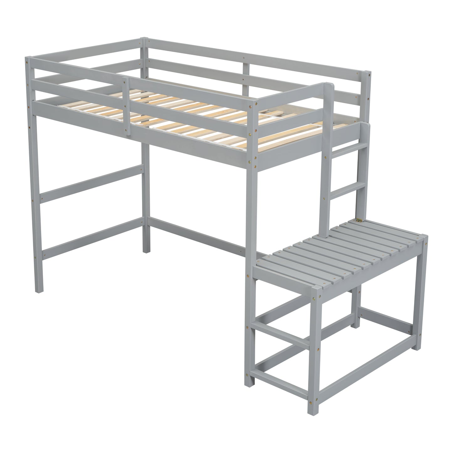 Twin High Loft Bed with Ladder landing Platform, Ladders, Guardrails,Grey - Korvel