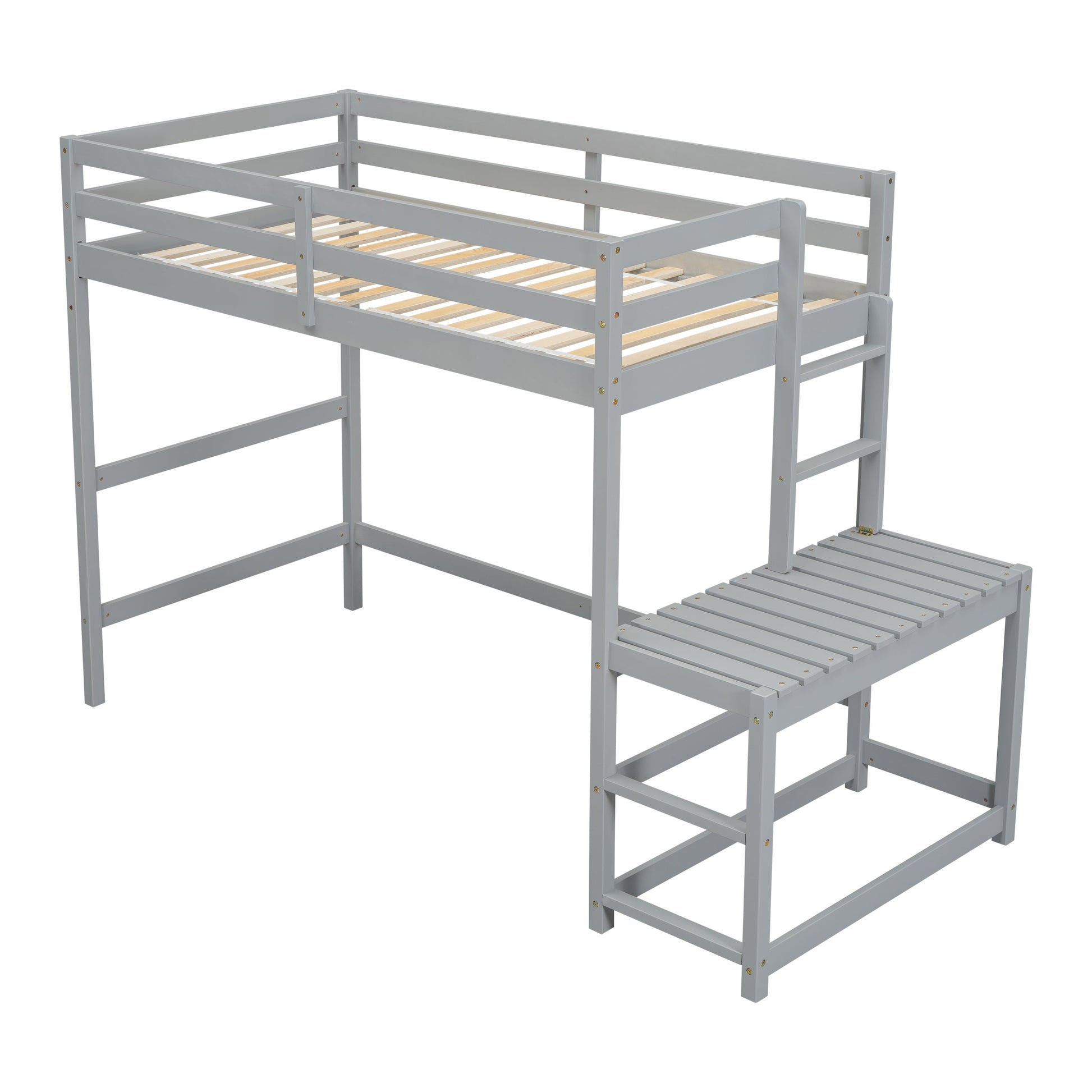 Twin High Loft Bed with Ladder landing Platform, Ladders, Guardrails,Grey - Korvel
